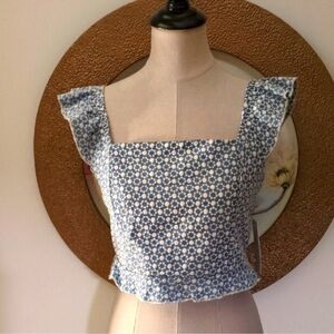 Kirious Crop Top Women's‎ Medium Blue Floral Embroidered Back Tie Flutter-Sleeve
